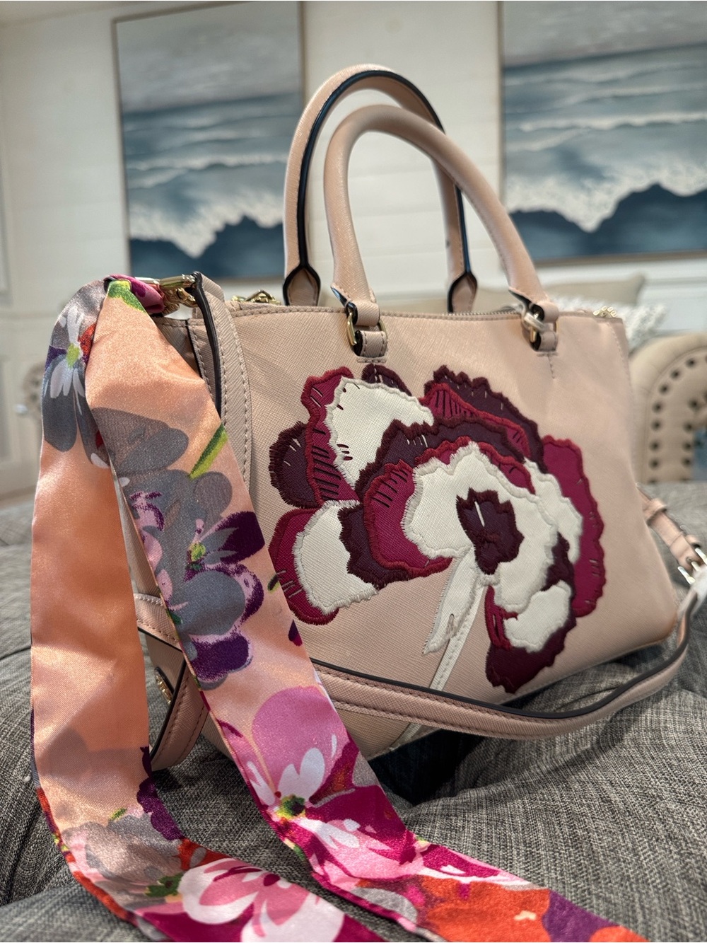 Tory Burch Bag Robinson Pink Leather Embroidered Floral Applique Satchel - Picture 3 of 17